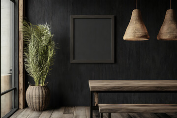 Dark Rustic Dining Room Design with Wooden Table and Plant