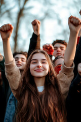 Fototapeta premium Joyful youth gathering in nature celebrating unity and friendship. International Youth Solidarity Day. Vertical poster