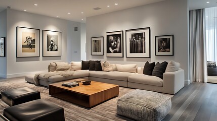 Modern living room with art, cozy furniture, and a minimalist design.