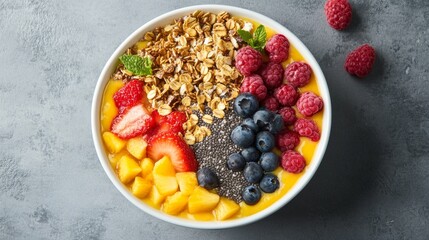 A vibrant smoothie bowl topped with fresh fruit, granola, and chia seeds