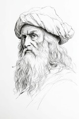 Obraz premium Pen-and-ink portrait, elderly man, head-and-shoulders, headdress.