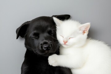 Black Labrador puppy and white kitten sleeping together in a yin-yang shape on a gray background with gentle lighting
