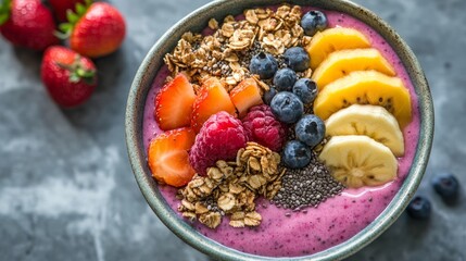 A vibrant smoothie bowl topped with fresh fruit, granola, and chia seeds.