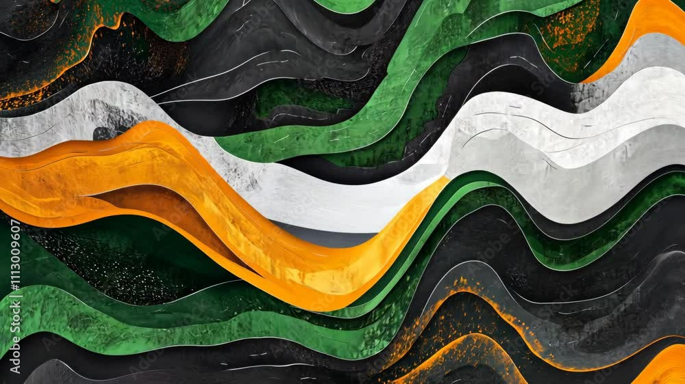 Poster vibrant abstract waves in green, white, and orange colors representing unity and diversity in a dyna