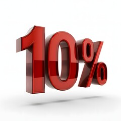 3D bold red text reading '10%' with a glossy finish and floating shadow effect, highlighted by rim lighting. Presented on a pure white background, offering a sleek and professional promotional design