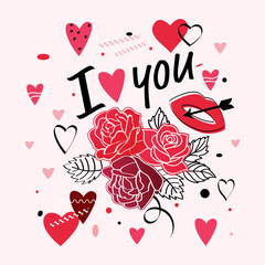 Valentine&acute;s day postcard, with hearts in pink , red, black color