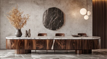 Minimalist Dining Room Design: Marble Table and Wooden Chairs