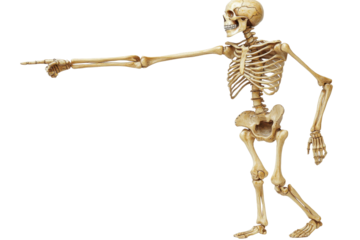 A skeleton in a dynamic pose, pointing a finger to attract attention