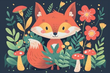 Cute fox in floral forest illustration with mushrooms