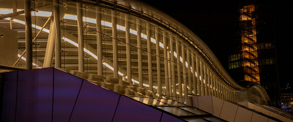 Arching architectural steel and glass structure of Hoog Catharijne central train station and...