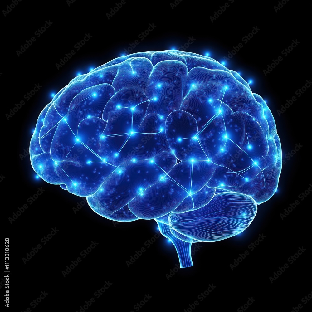 Poster Blue glowing brain illustration shows complex tech connections. Modern brain tech image. Neural network glowing bright. Blue brain image for innovative thinking concept. Digital art visualization.