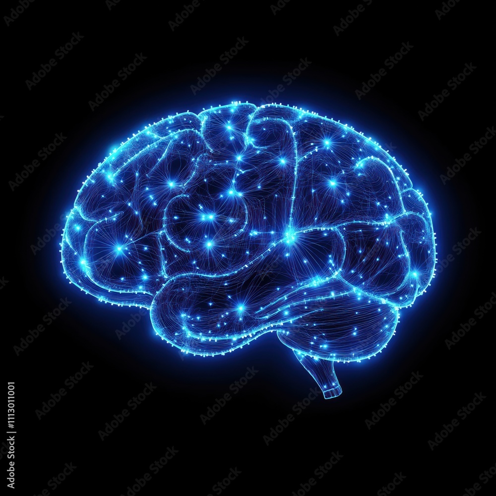 Aufkleber Tech brain illustration with glowing connections. Modern tech concept. Illustrates advanced neural network. Potential for neuroscience, artificial intelligence tech evolution concepts. Advanced tech