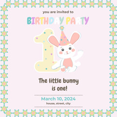 Children's birthday invitation, party invitation, cute bunny, white bunny, one year old, bunny on pink background, girl bunny