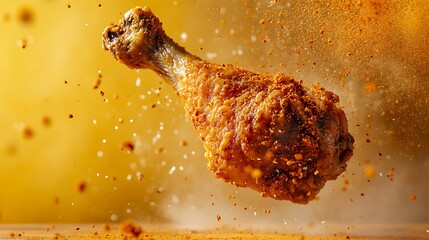 A crispy chicken leg floating in mid-air, its golden skin scattering dynamically. The background features a gradient of warm yellow and red, with chilli powder adding vibrant texture.