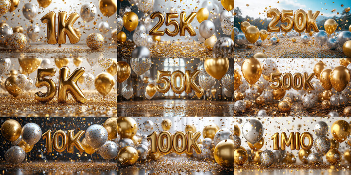 Set collection of subscriper social media number celbration with golden foil number balloon confetti and party. Background for milestones like 10k 50k 100k  follower