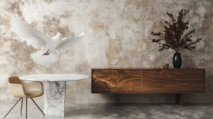 Obraz premium Minimalist Dining Room Design: Marble Table and Wooden Chairs