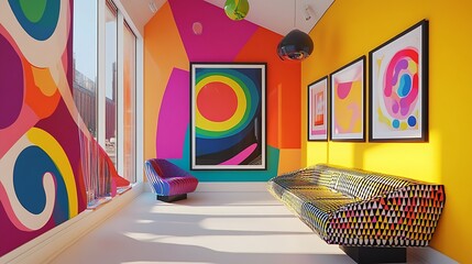A vibrant, modern interior with colorful walls and abstract art, promoting creativity and relaxation.
