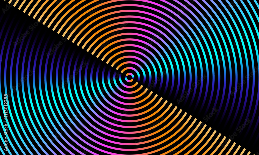 Poster Abstract circle line pattern spin neon light isolated on black background in the concept of music, technology, digital. Equalizer Neon gradient. Vector