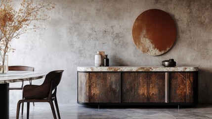 Minimalist Dining Room Design: Marble Table and Wooden Chairs