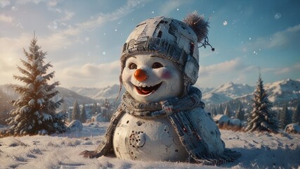 Winter holiday banner - Close-up of a laughing snowman in a wool hat and scarf, on a snowy landscape with bokeh lights and sunlight
