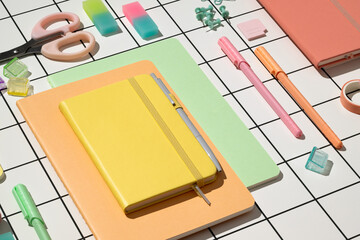 Neatly arranged school office stationery supplies