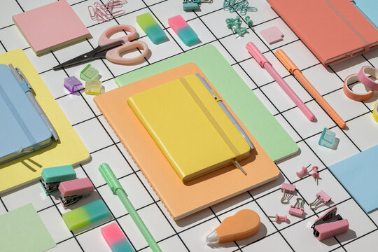 Neatly arranged school office stationery supplies