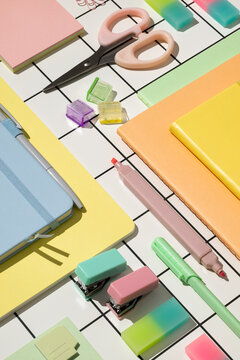Neatly arranged school office stationery supplies