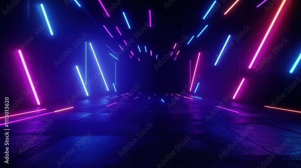 Poster Empty dark night scene with neon lights. Abstract futuristic tech background. Colored geometric shapes in virtual reality space. Spotlight illuminates empty space. Great for tech mockups. Cyberpunk