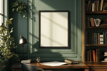 Modern workspace with empty frame and organized bookshelves in a sunlit study