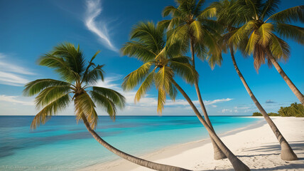 Fototapeta premium A serene tropical beach with tall palm trees swaying in the breeze, clear turquoise waters, and white sandy shores