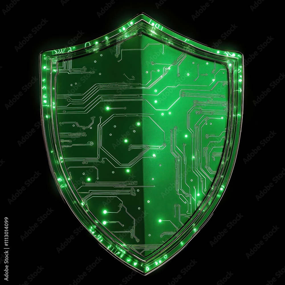 Poster Cybersecurity shield illustration shows digital protection. Green glowing circuit board pattern on shield. Advanced tech protection concept. Modern cyber security system. Secure digital data. Network