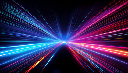 Neon futuristic flashes on black background. Motion light lines backdrop. For banner, postcard, illustration