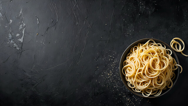 top view of raw noodles or reman in a bowl on black background with a blank black board, minimalism, 300dpi high quality, empty space for text, natural, high-end