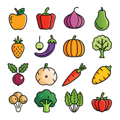 Playful Collection of Colorful Vegetable Icons Featuring Broccoli, Pumpkins, and Peppers for Creative and Educational Uses