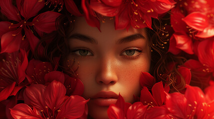 Close-up portrait of a girl in spring flowers. red blooming flowers.