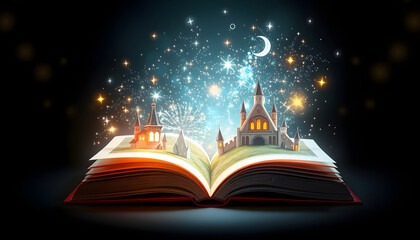 Open book with fairytales and magic lights. Creative design isolated with white highlights, png