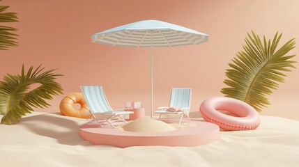 Obraz premium Pastel beach scene with beach chairs, umbrella. Relaxing summer vacation concept. Minimalist design with inflatable ring, palm leaves. Ideal for product display advertisement. Perfect summer holiday