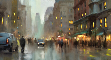 Oil paintings city landscape, night city street