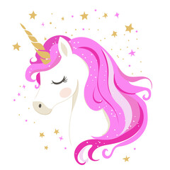 A whimsical vector illustration of a unicorn head with a golden horn and closed eyes, surrounded by sparkling stars. Children’s illustrations, nursery decor, invitations, greeting cards