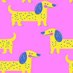 Cute dachshund pattern. Hand drawn seamless texture with dogs. Vector illustration