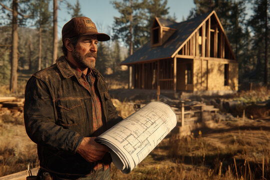 House blueprint. A man examines blueprints in front of a partially constructed cabin surrounded by trees and natural scenery.