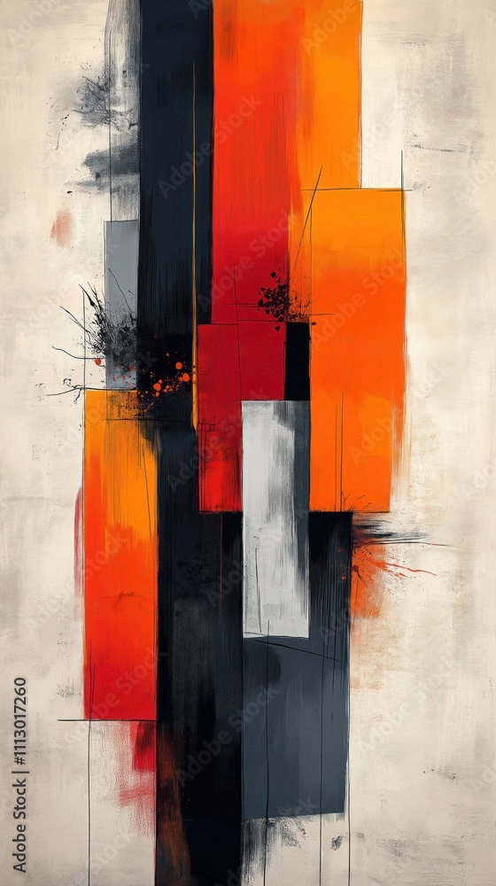 Poster abstract art piece with vibrant colors and dynamic shapes. modern design with bold oranges reds blac