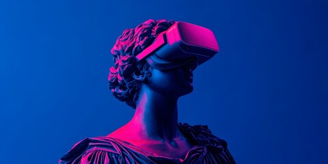 A classical sculpture wearing modern VR headset is illuminated with vibrant neon pink and blue lighting against a dark blue gradient background. Generative AI classical art and modern technology.