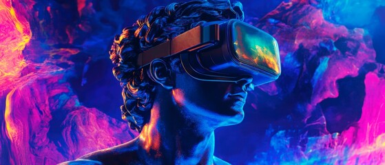 A classical sculpture wearing modern VR headset is illuminated with vibrant neon pink and blue lighting against a dark blue gradient background. Generative AI classical art and modern technology.