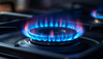  Intense blue flames burning on a gas stove burner, showcasing texture and energy.