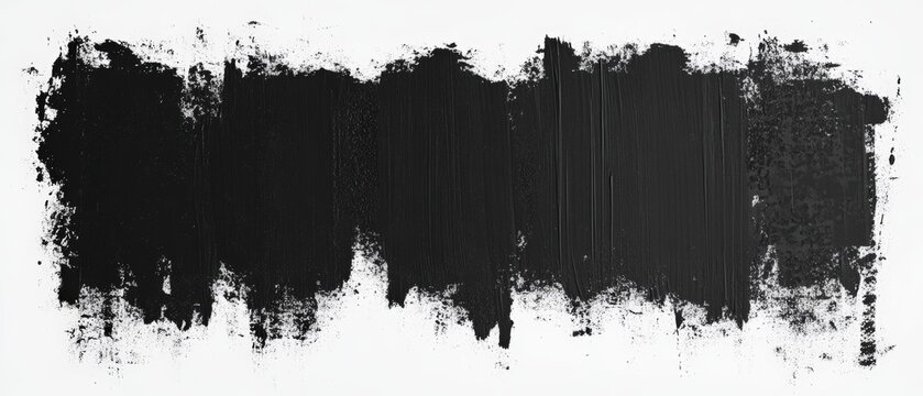 A broad black paint stroke with rough, textured edges stretches horizontally across a white background, creating a grunge abstract design. The paint texture. Generative AI