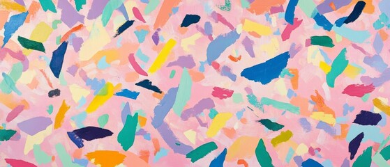 Fototapeta premium An abstract pattern of colorful brush strokes in varying sizes creates a playful composition against a soft pink background. The painted marks, Generative AI