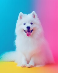 Fototapeta premium A cheerful Samoyed sits against a vibrant blue, pink, and yellow background, radiating joy.