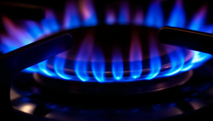  Intense blue flames burning on a gas stove burner, showcasing texture and energy.