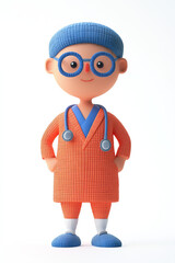 Fototapeta premium A cheerful cartoon character dressed as a doctor, wearing glasses and a stethoscope.